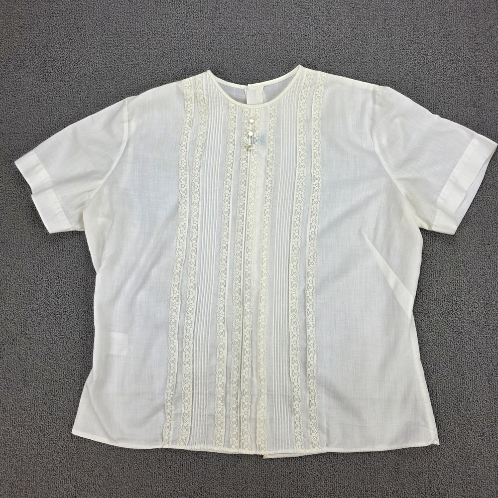 Judy Bond Vintage White Lace Pintuck Button Back Blouse Short Sleeve